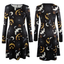 elegant women bat and moon polyester print dress with full sleeve and o neck for halloween J4U66