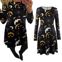 Elegant Bat And Moon Polyester Print Dress With Full Sleeve And O-neck For Halloween J4U66