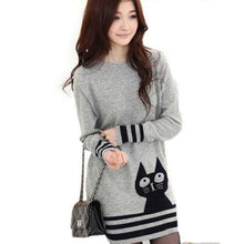 elegant women long sleeve sweatercute cat pattern o neck knitted pullover tops knitwear J4U66
