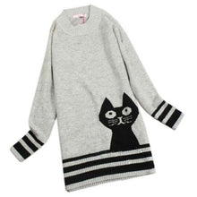 Elegant Long Sleeve Sweater Cute Cat Pattern O Neck Knitted Pullover Tops Knitwear J4U66