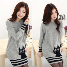 Elegant Long Sleeve Sweater Cute Cat Pattern O Neck Knitted Pullover Tops Knitwear J4U66