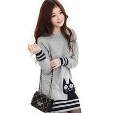 elegant women long sleeve sweatercute cat pattern o neck knitted pullover tops knitwear J4U66