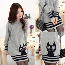 elegant women long sleeve sweatercute cat pattern o neck knitted pullover tops knitwear J4U66