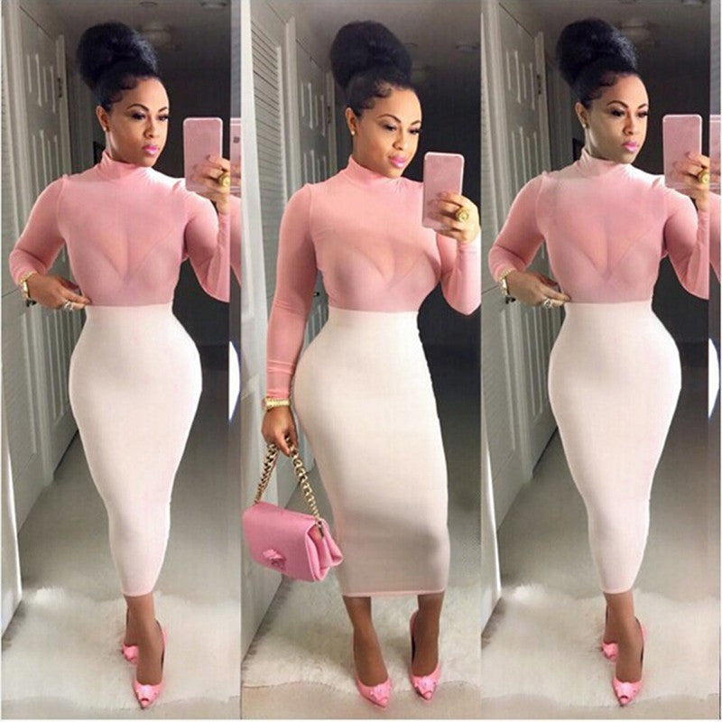 Sexy Long Sleeve Mesh Evening Party Solid Long DressJFY66