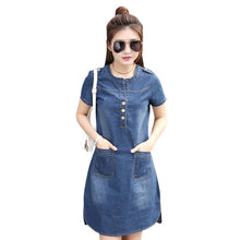 Women O-neck Short Sleeve Plus Size A Line Denim Dress Slim Casual Office Denim Jeans Dress Vestidos Robe J4U66