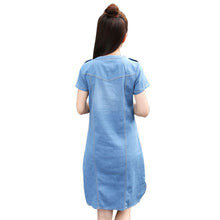 Women O-neck Short Sleeve Plus Size A Line Denim Dress Slim Casual Office Denim Jeans Dress Vestidos Robe J4U66