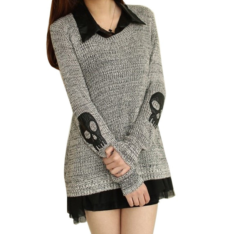 Women Sweater Fashion Casual Skull Print Work Office Pullover Loose Knitted Sweaters J4U66