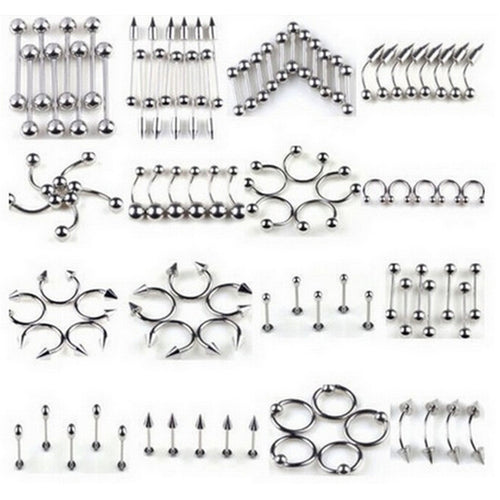 66Pcs Multi-type Stainless Steel Curved Eyebrow Nose Lip Earrings Nipple Piercings Punk Body Piercing  J4U66