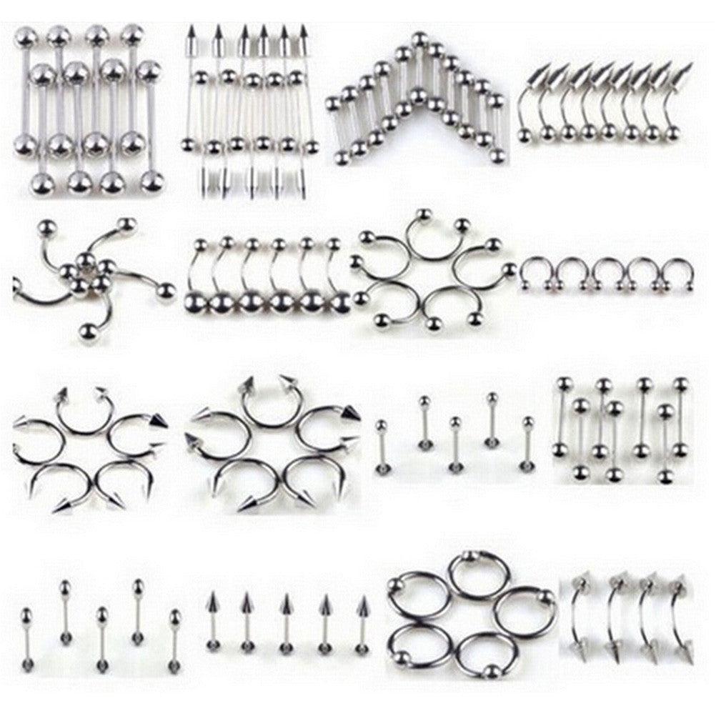 66Pcs Multi-type Stainless Steel Curved Eyebrow Nose Lip Earrings Nipple Piercings Punk Body Piercing  J4U66