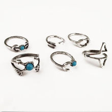 6PCS Vintage Turkish Beach Punk Moon Arrow Ring Set Ethnic Carved Silver Plated Boho Finger Rings J4U66