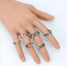 6PCS Vintage Turkish Beach Punk Moon Arrow Ring Set Ethnic Carved Silver Plated Boho Finger Rings J4U66