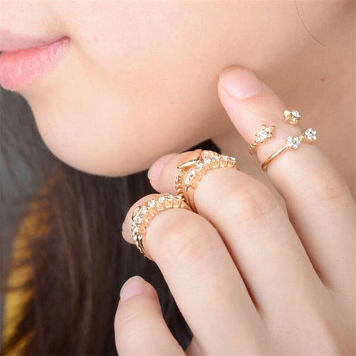 6pc Gold Sliver finger Knuckle Rings For Women Sweet Rhinestone Star Bowknot Heart Ring Set J4U66