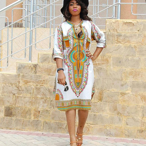 African Women Clothing White Dashiki Dress Succunct African Tranditional Print V Neck Dashiki Dress For Women J4U66