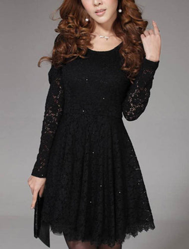 Amazing Women's Long Sleeve Spoon Neck Lace Cocktail Party Formal Mini Dress J4U66