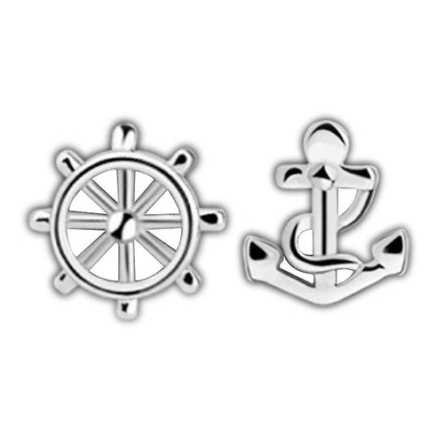 Anchor Ship Wheel Asymmetric Silver Color Party Ear StudsWomen's Designer Earrings J4U66