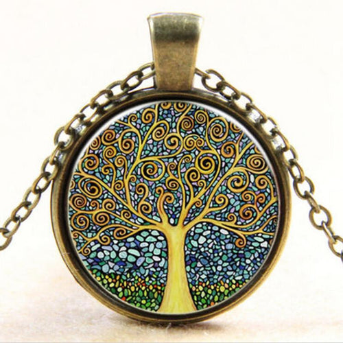 Art Tree Glass Cabochon Necklace Bronze Chain Vintage Choker Statement Necklace Women Jewelry Life Tree Pendant Necklace J4U66