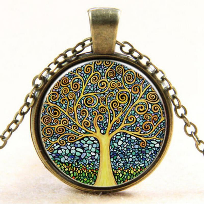 Art Tree Glass Cabochon Necklace Bronze Chain Vintage Choker Statement Necklace Women Jewelry Life Tree Pendant Necklace J4U66
