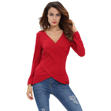 t-shirts women solid deep v neck tees asymmetrical hem long sleeve pull slim fit sexy tops camisas femininas J4U66