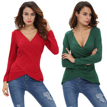 t-shirts women solid deep v neck tees asymmetrical hem long sleeve pull slim fit sexy tops camisas femininas J4U66