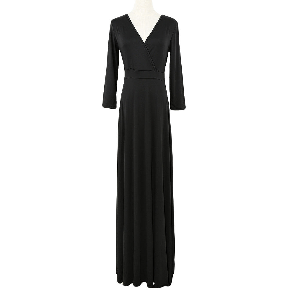 women maxi dress v neck three quarter sleeve dress solidcolor plus size dress elegant dress J4U66
