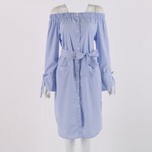 Sexy Dress Choker Neck Side Slit Off Shoulder Long Shirt Dress Vertical Striped Dress With Belt Bow Button Dresses J4U66