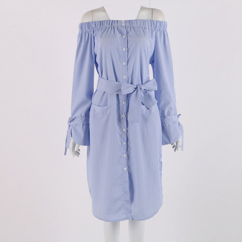 Sexy Dress Choker Neck Side Slit Off Shoulder Long Shirt Dress Vertical Striped Dress With Belt Bow Button Dresses J4U66