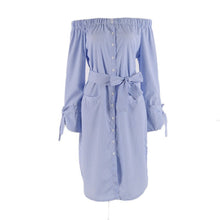 Sexy Dress Choker Neck Side Slit Off Shoulder Long Shirt Dress Vertical Striped Dress With Belt Bow Button Dresses J4U66