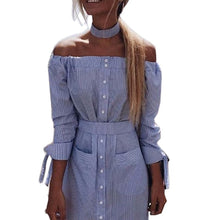 Sexy Dress Choker Neck Side Slit Off Shoulder Long Shirt Dress Vertical Striped Dress With Belt Bow Button Dresses J4U66