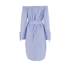 Sexy Dress Choker Neck Side Slit Off Shoulder Long Shirt Dress Vertical Striped Dress With Belt Bow Button Dresses J4U66
