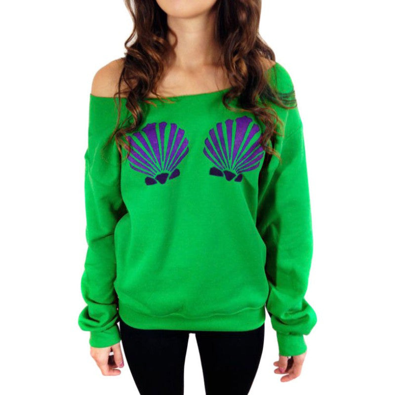 shell printed women off shoulder tops long sleeve hoodies slim fit casual mermaid sweatshirts pullovers J4U66