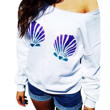 shell printed women off shoulder tops long sleeve hoodies slim fit casual mermaid sweatshirts pullovers J4U66