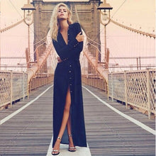 Tunic Button V-Neck Split Dress Long Sleeve Party Maxi Beach Dresses Unique Vestidos J4U66