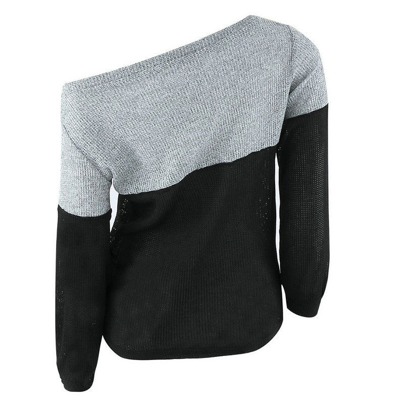 sexy off shoulder women basic pullovers long sleeve knitted warm sweaters jumper tops patchwork pullovers J4U66