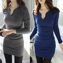 Slim All-match V-neck Long-sleeve Bodycon Pencil Women Mini Dress J4U66