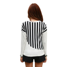 women casual t-shirts striped patchwork chest pocket long sleeve t-shirts women tops tee white black J4U66