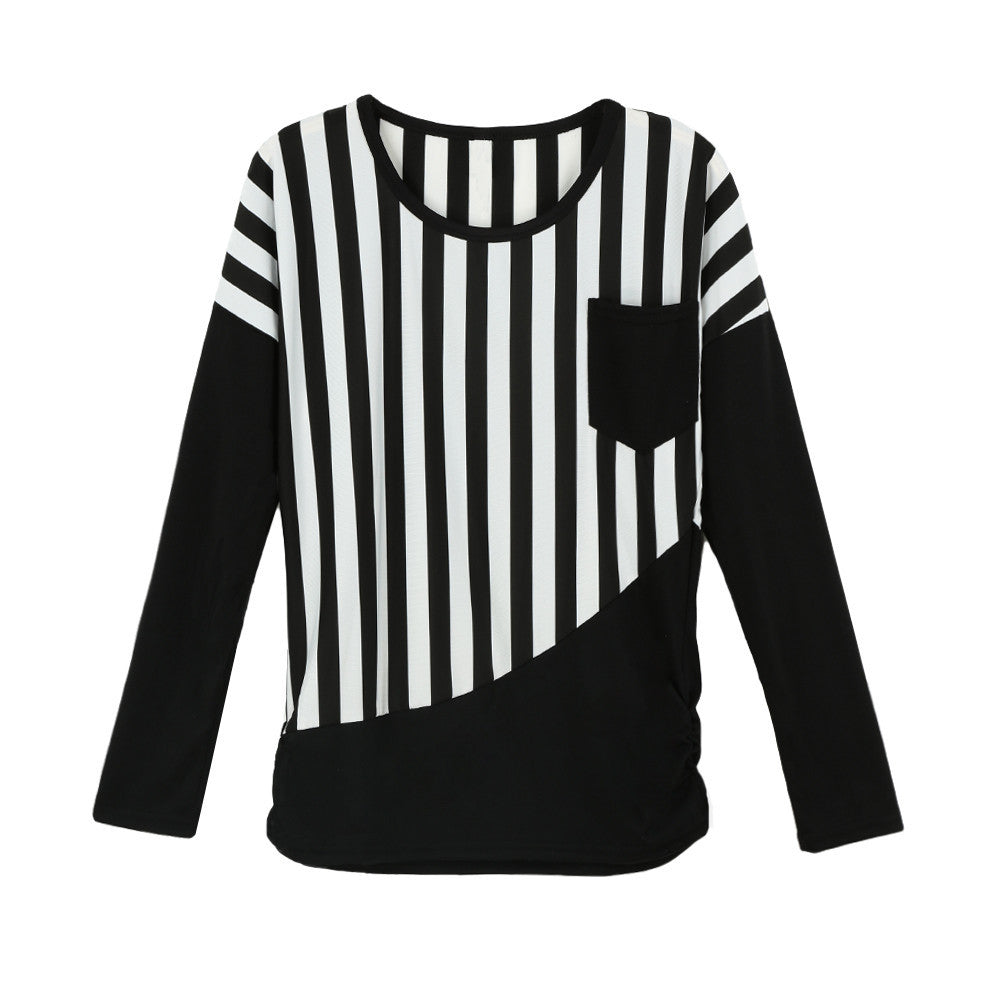 women casual t-shirts striped patchwork chest pocket long sleeve t-shirts women tops tee white black J4U66