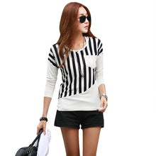 women casual t-shirts striped patchwork chest pocket long sleeve t-shirts women tops tee white black J4U66
