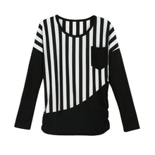 women casual t-shirts striped patchwork chest pocket long sleeve t-shirts women tops tee white black J4U66