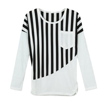 women casual t-shirts striped patchwork chest pocket long sleeve t-shirts women tops tee white black J4U66