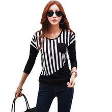 women casual t-shirts striped patchwork chest pocket long sleeve t-shirts women tops tee white black J4U66