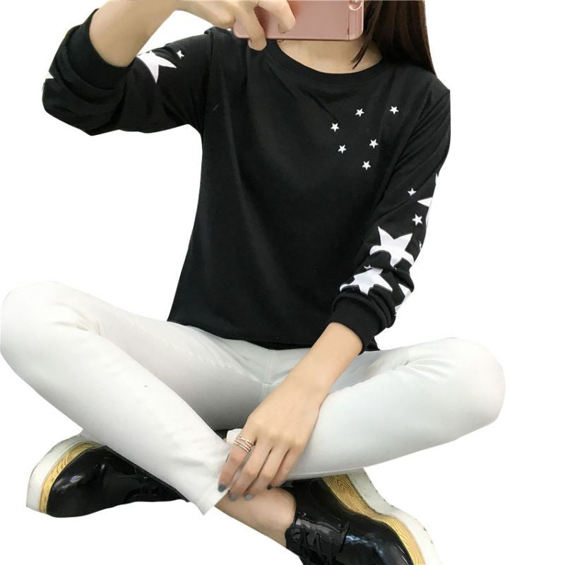 women hoodies embroidery star pattern cotton thick velvet warm long sleeve round neck sweatshirts clothes J4U66
