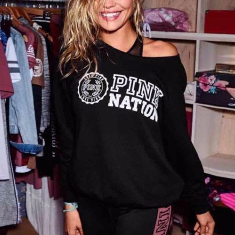 Off Shoulder Hoodie Pink Letter Print Sweatshirt Knitted Long Sleeve Pullovers Poleroneujer Harajuku Tops J4U66
