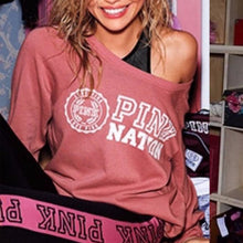 Off Shoulder Hoodie Pink Letter Print Sweatshirt Knitted Long Sleeve Pullovers Poleroneujer Harajuku Tops J4U66