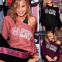 women off shoulder hoodie pink letter print sweatshirt knitted long sleeve pullovers polerones mujer harajuku tops J4U66