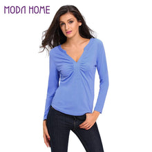 womens tops sexy v neck ruched front t-shirts ladies long sleeve solidcolor tees casual blue shirt blusas J4U66
