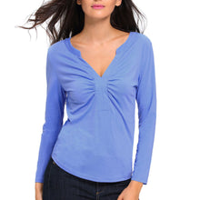 womens tops sexy v neck ruched front t-shirts ladies long sleeve solidcolor tees casual blue shirt blusas J4U66