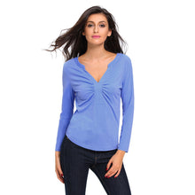 womens tops sexy v neck ruched front t-shirts ladies long sleeve solidcolor tees casual blue shirt blusas J4U66