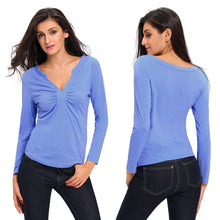 womens tops sexy v neck ruched front t-shirts ladies long sleeve solidcolor tees casual blue shirt blusas J4U66