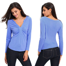 womens tops sexy v neck ruched front t-shirts ladies long sleeve solidcolor tees casual blue shirt blusas J4U66