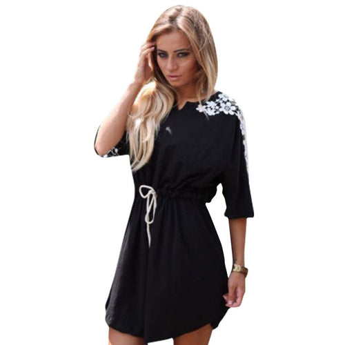 BOHOWomen's Casual Short Shirt Dress Belted Short Sleeve V-Neck Beach Dresses J4U66